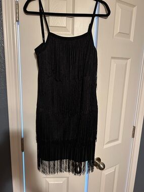 SHEIN Black Fringe Mini Dress with Spaghetti Straps